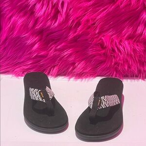 Teva Black Flip Flops with White Patterned Straps